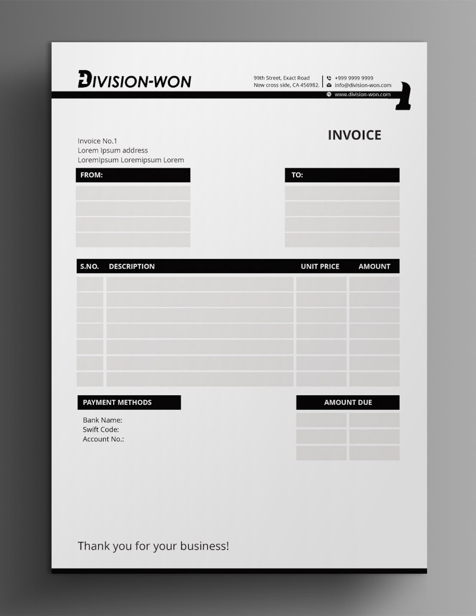 black and white invoice design with a hammer worked into the page break