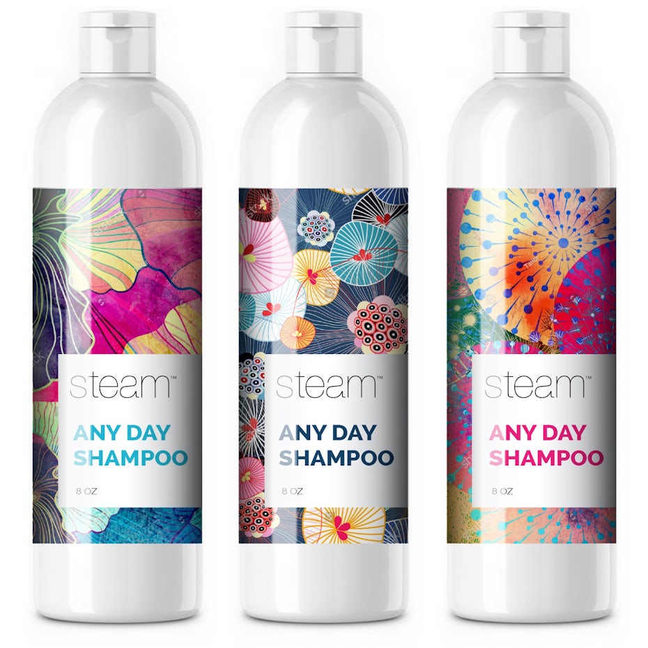 white shampoo bottles with colorful labels