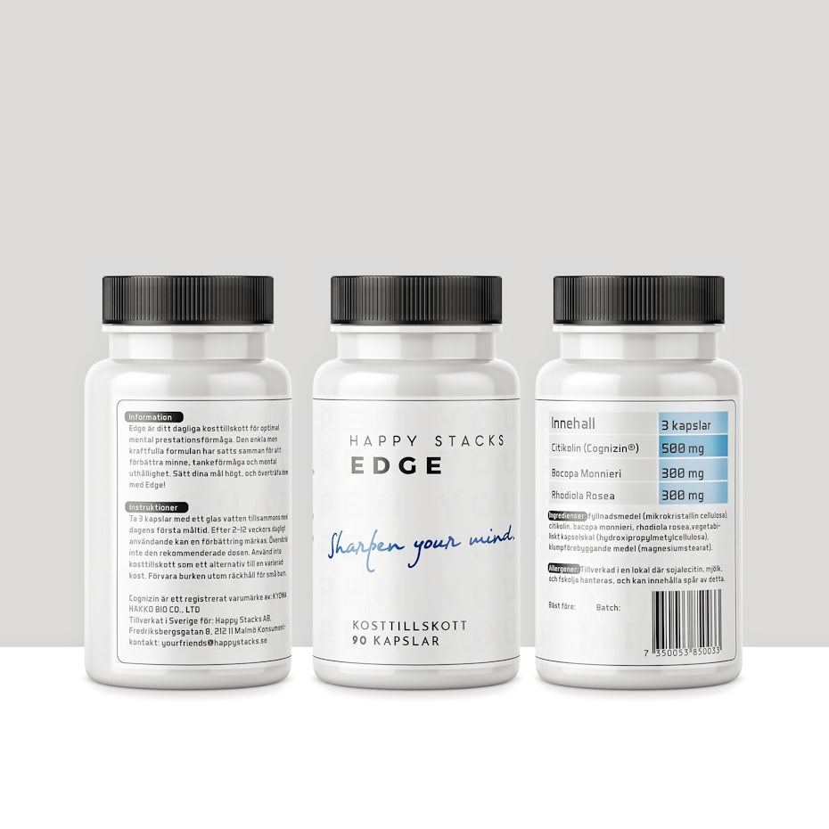 all-white product label with black and blue text