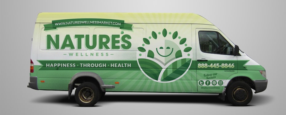 green van wrap showing a sun logo and information about a product