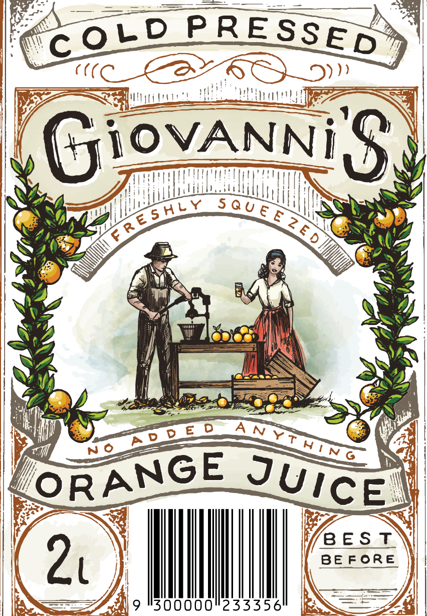 intricate vintage-inspired watercolor orange juice label