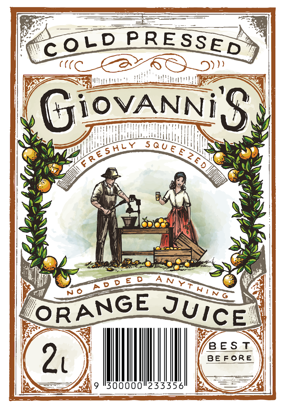 intricate vintage-inspired watercolor orange juice label