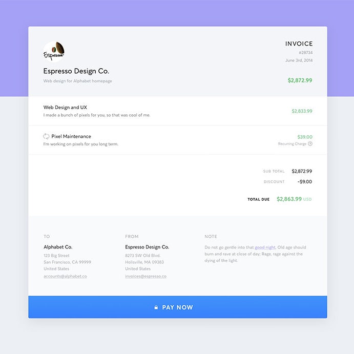 purple and white invoice with green text