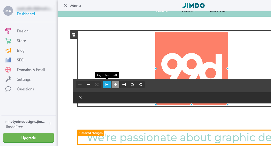 Jimdo hjemmeside builder interface screenshot
