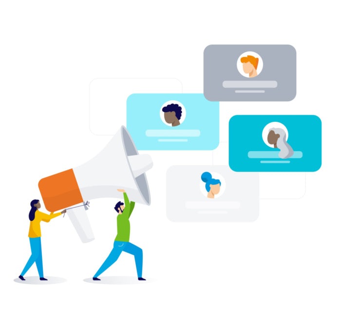 illustration of people lifting megaphone towards group of people