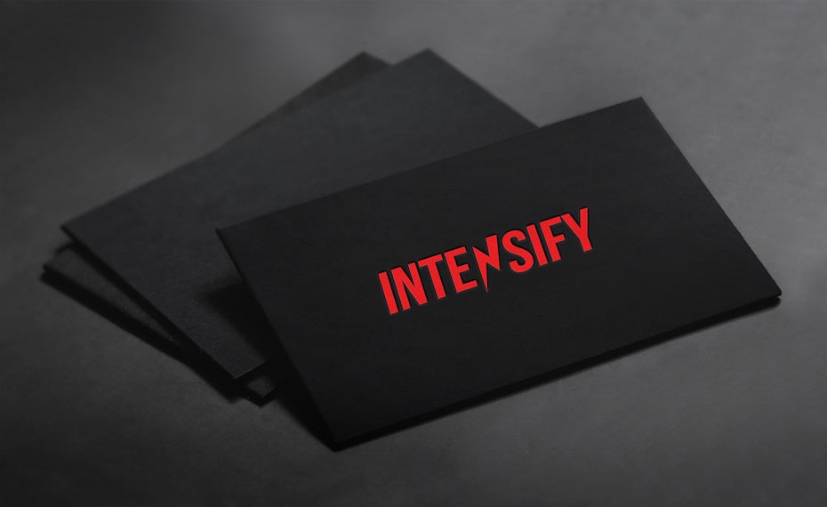 black business card with red text