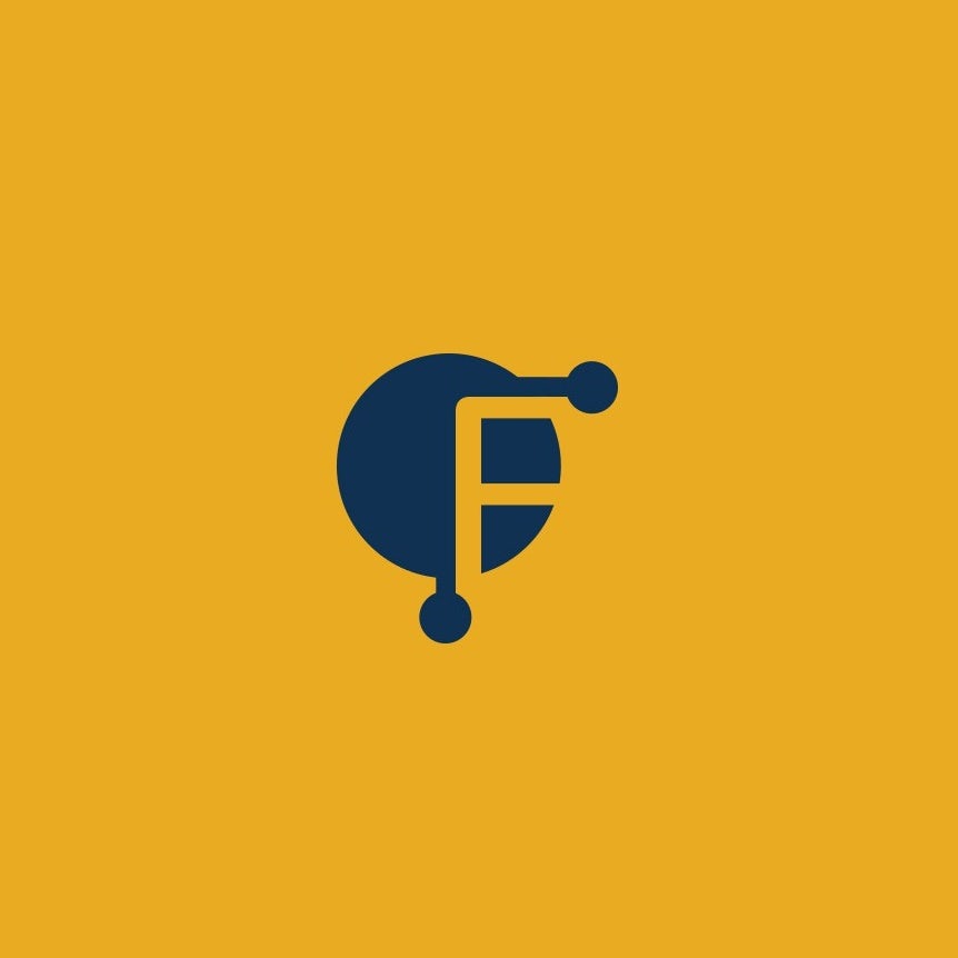 yellow and blue logo of the letter F in negative space
