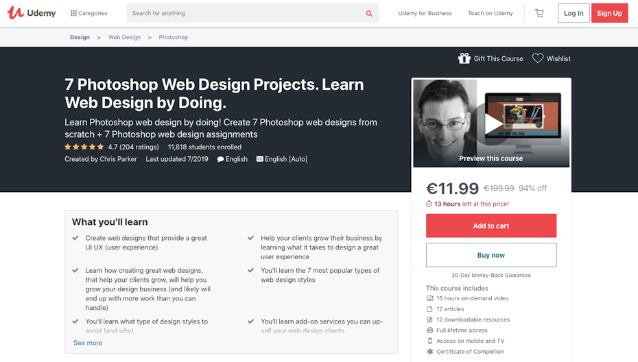 Aperçu d'un tutoriel de design web sur Udemy