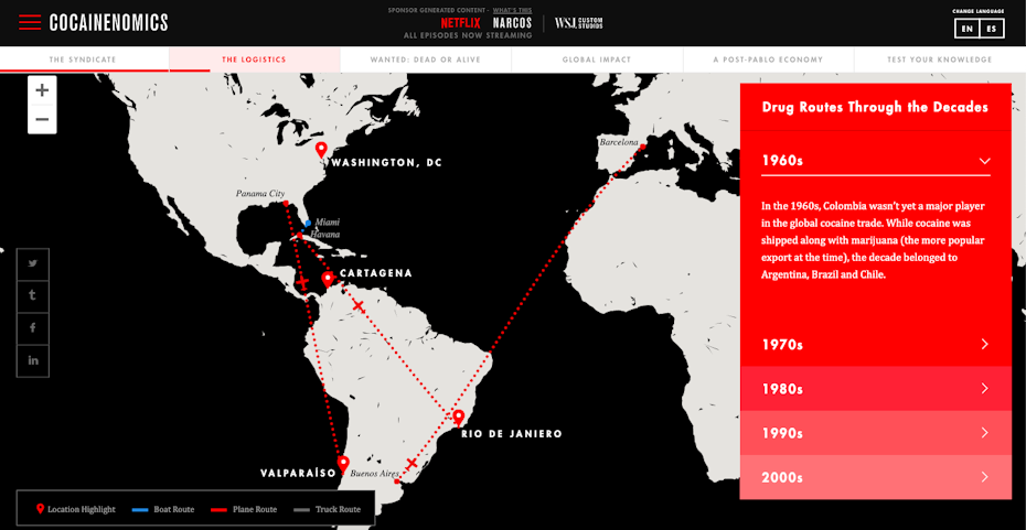 Netflix and the WSJ’s interactive map on the history of the drug trade for Narcos