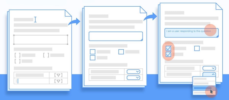 A flat design blue illustration of document templates