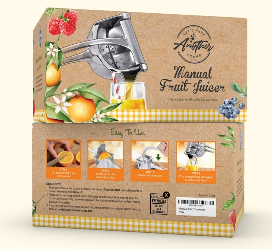 juice product packaging showing fresh fruits and the juicing process