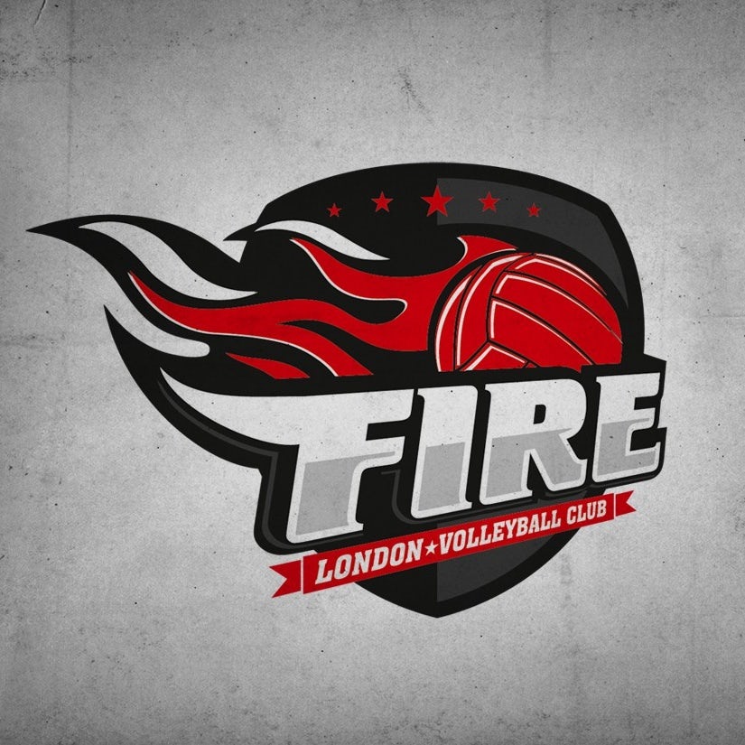 red logo with volleyball on fire