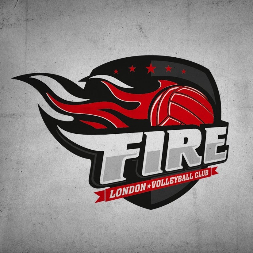 red logo with volleyball on fire