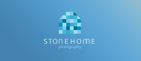 blue logo showing an outline of a house colored in with different-colored blue squares