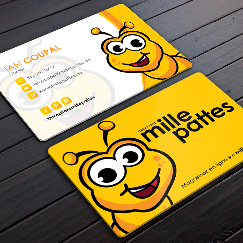 business card showing a smiling yellow cartoon bee