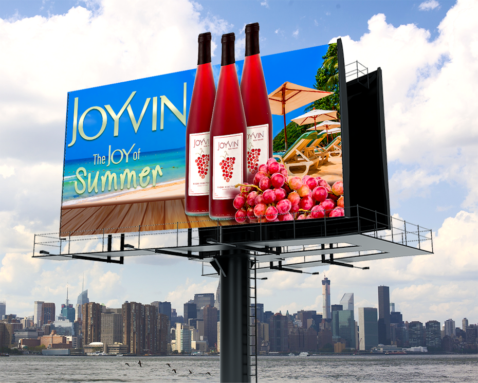 billboard ad showing wine bottles against a beachy background