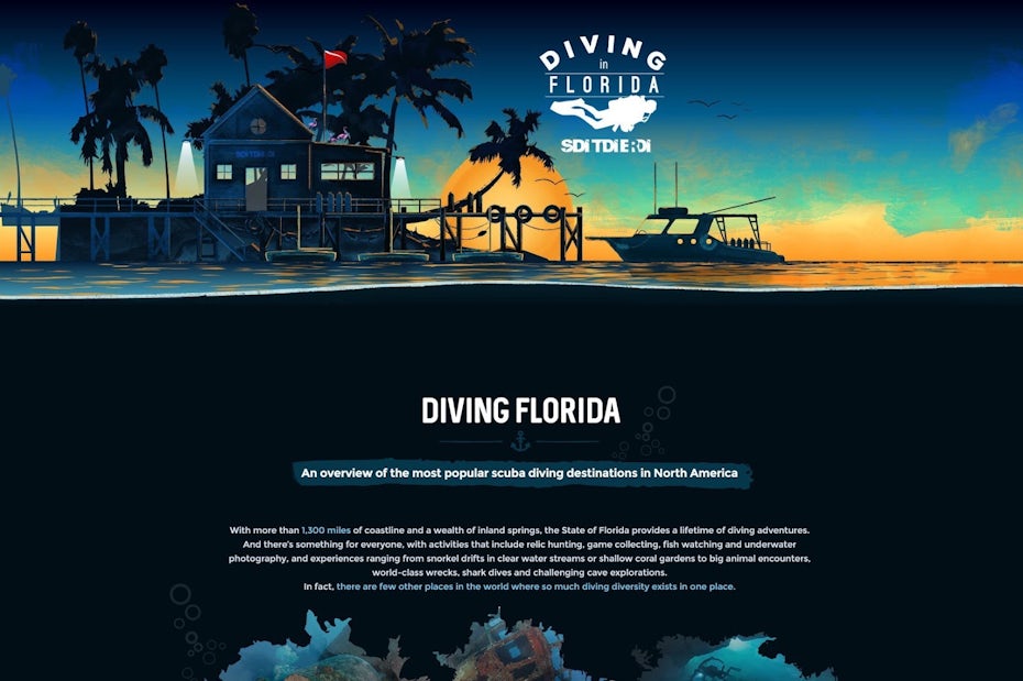 Underwater themed landing page design for a scuba diving brand