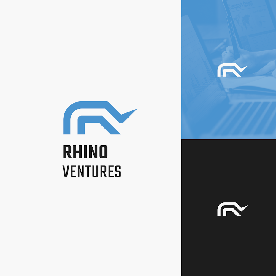 blue and black abstract rhino logo design 