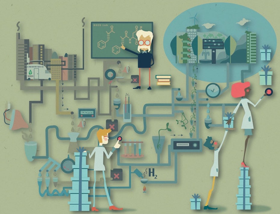 Flat illustration of scientists working together on a complex project