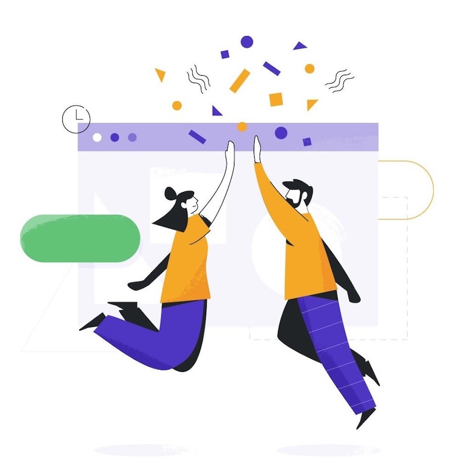 An illustration with abstract characters doing a high-five over an internet browser