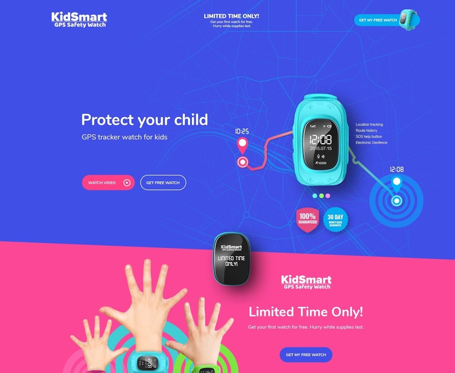 A colorful landing page design for a children’s GPS tech brand