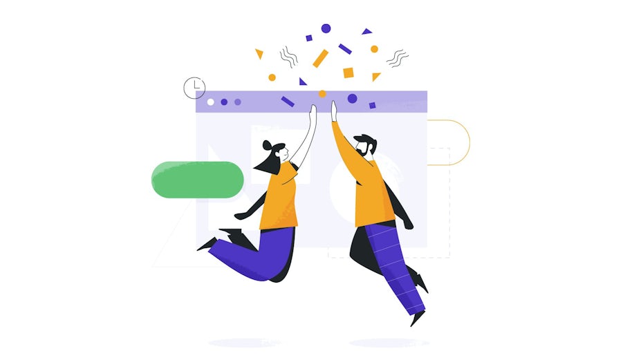 illustration of people celebrating in front of website screen
