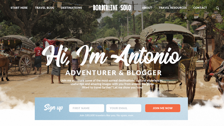 Travel blogger landing page