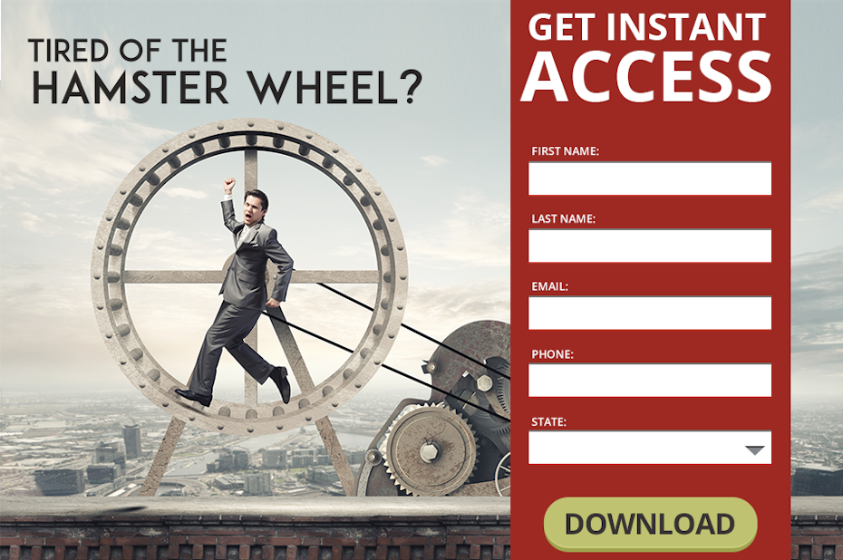 text-heavy landing page with an image of a man in a giant hamster wheel
