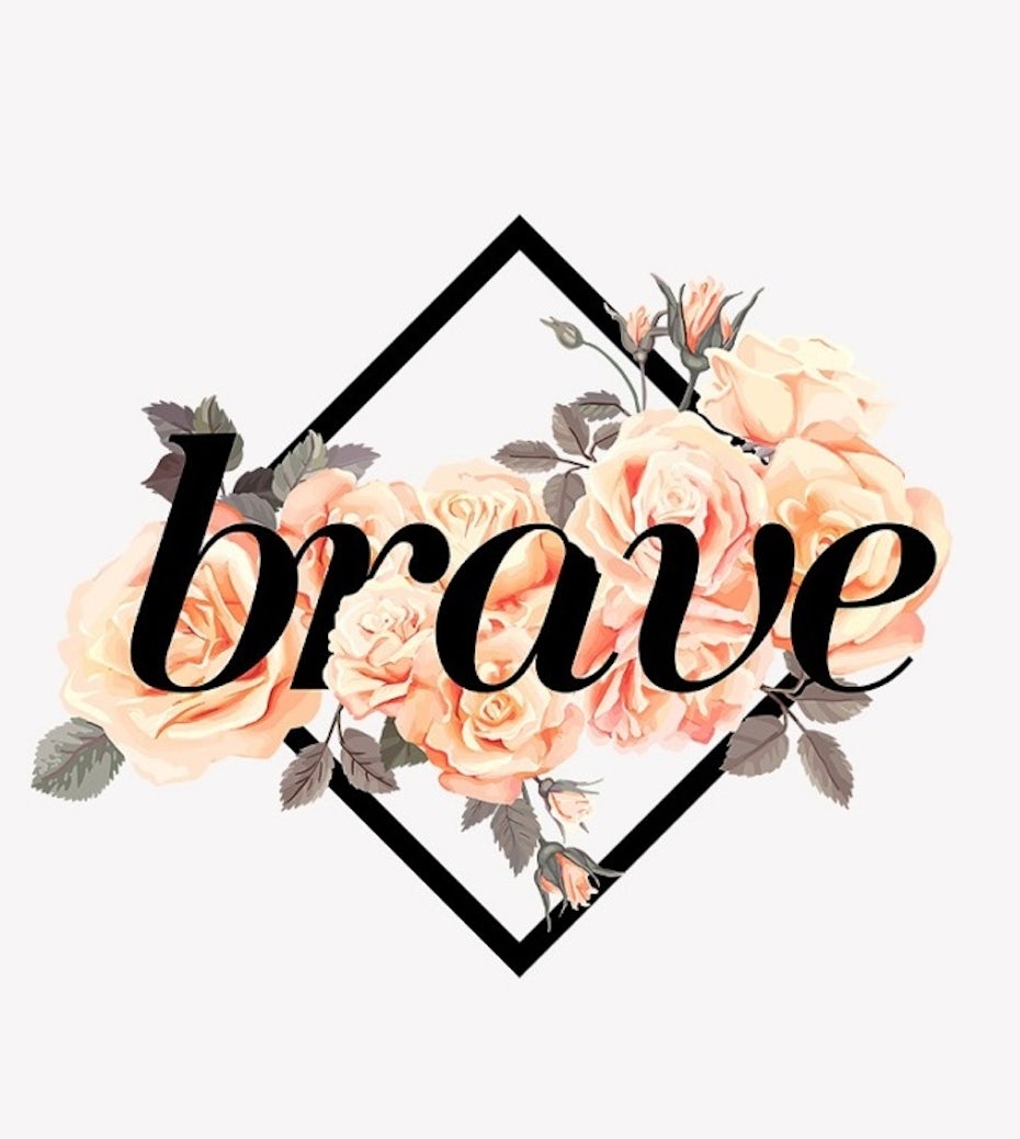 three diamond-shaped logos with empowering words and watercolor flowers