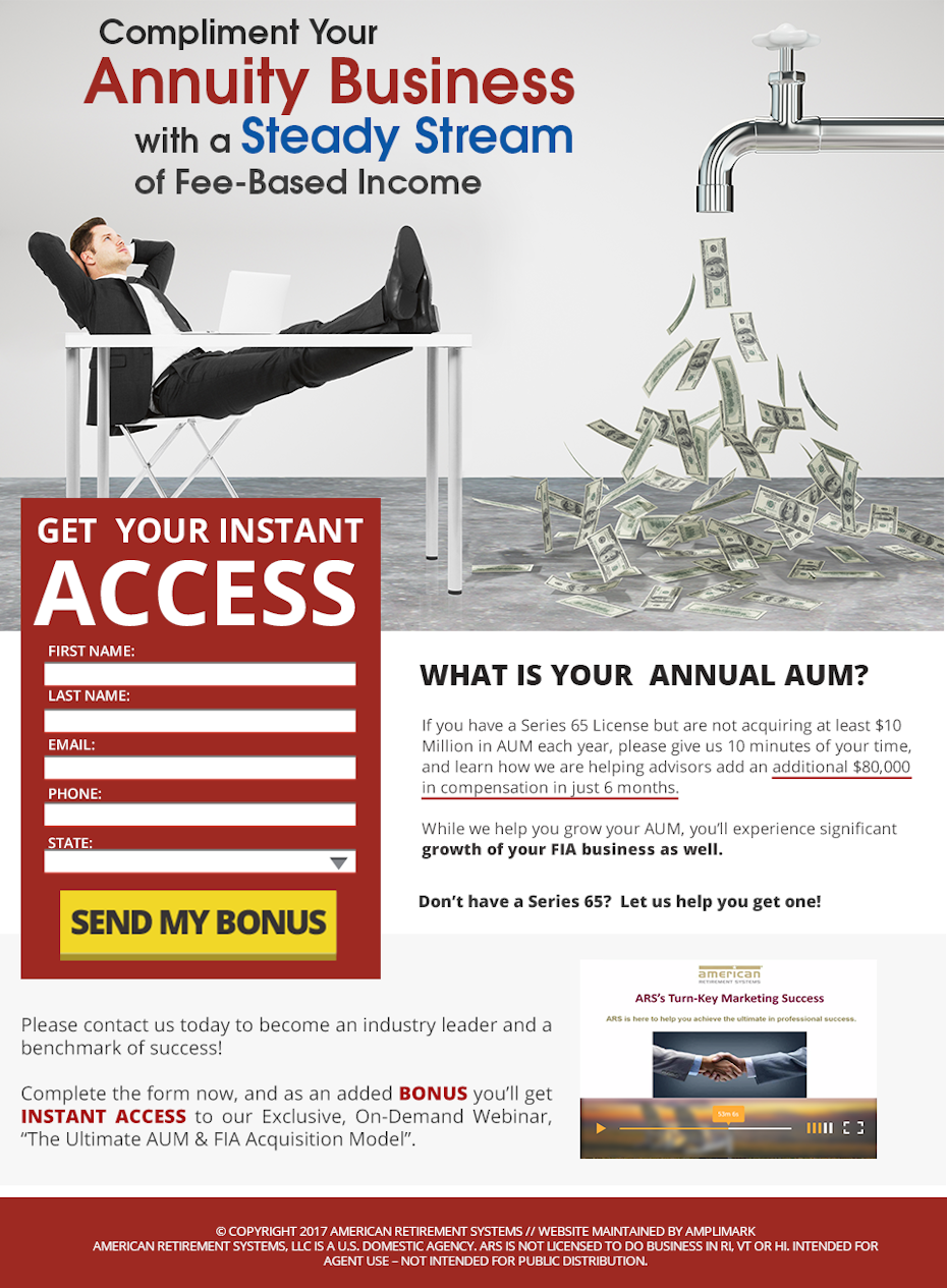 landing page showing a man reclining next to a faucet spraying money