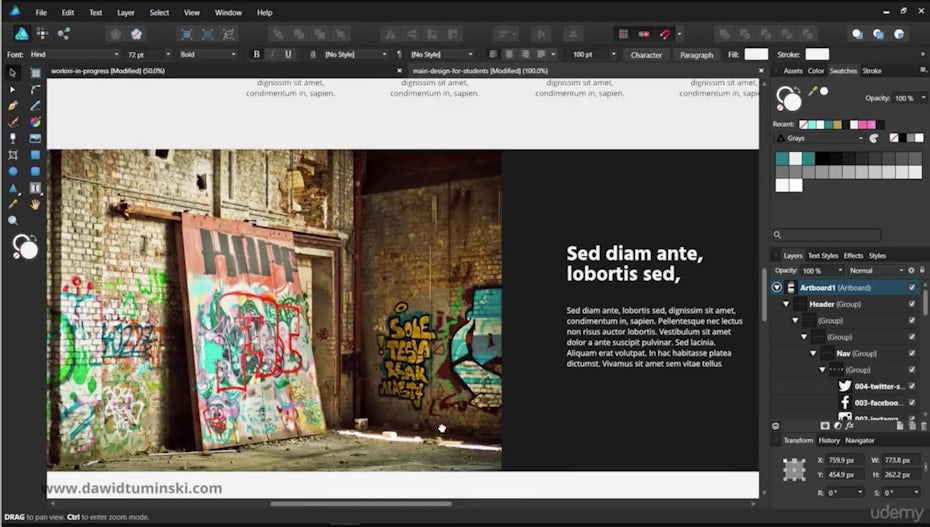 Captura de pantalla de un diseño web realizado en Affinity Designer