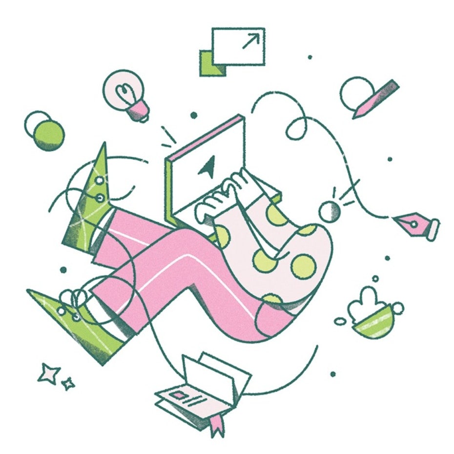Illustration of person working on computer with items floating around