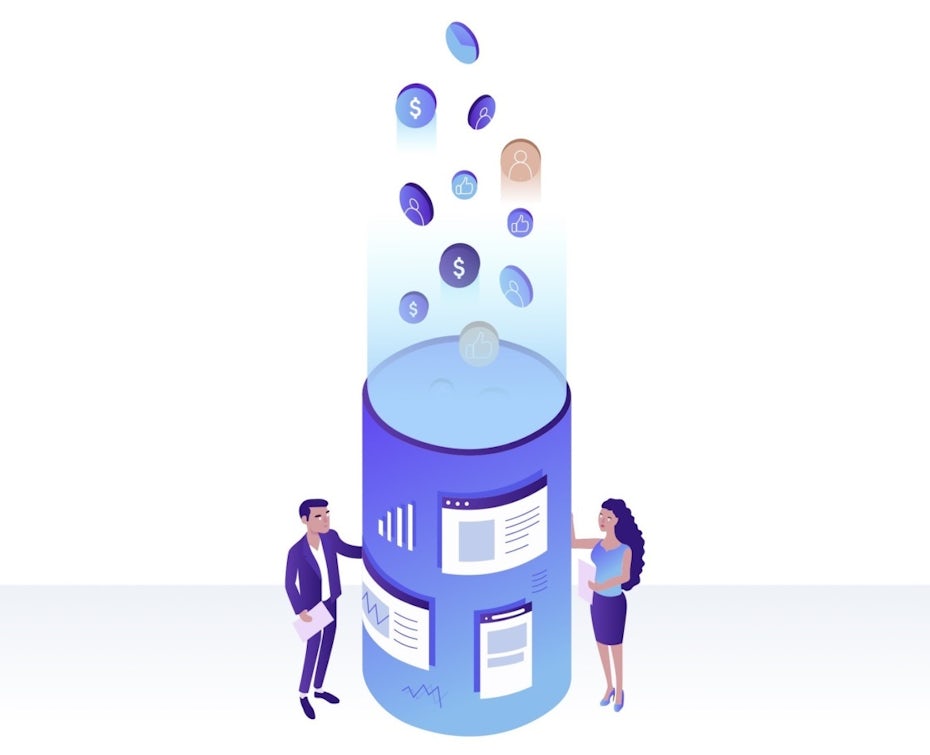 semiflat gradient design showing people standing beside a column with screens on it
