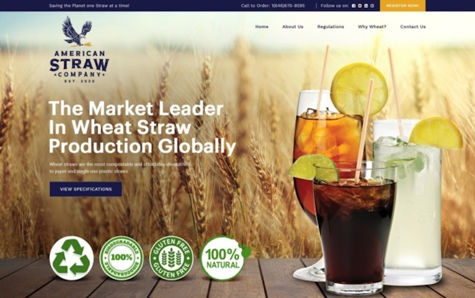 wheat straw website design with lots of photos showing straws and beverages