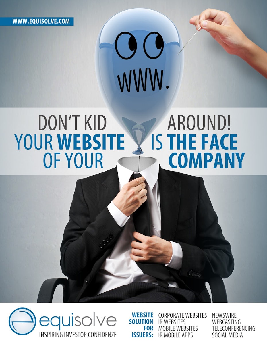 ad showing a sitting man in a suit with a blue balloon for a head as a hand attempts to pop him