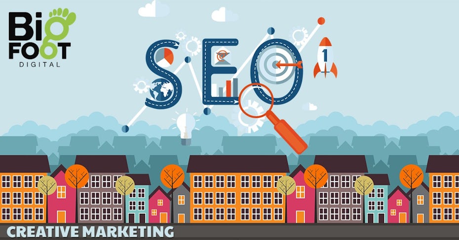 flat design banner showing SEO above buildings