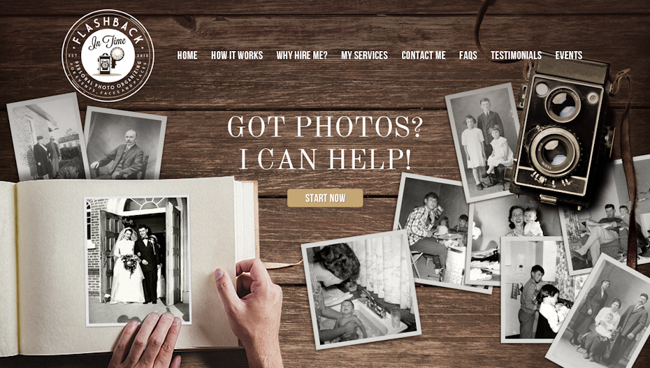 landing page with woodgrain background, white text and black and white photos
