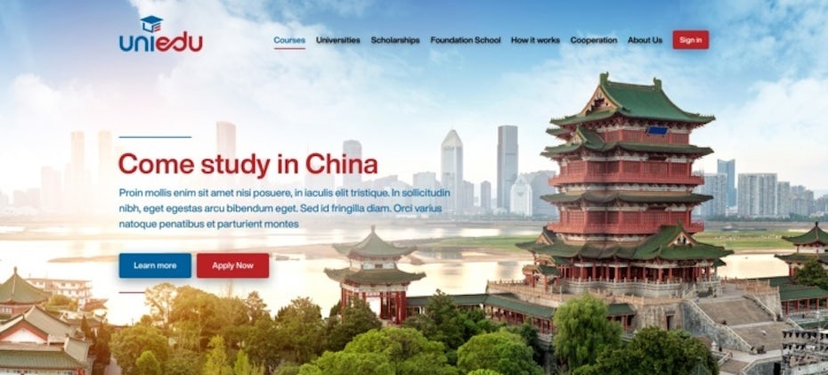 photo-heavy landing page showing images of students, Chinese buildings and universities