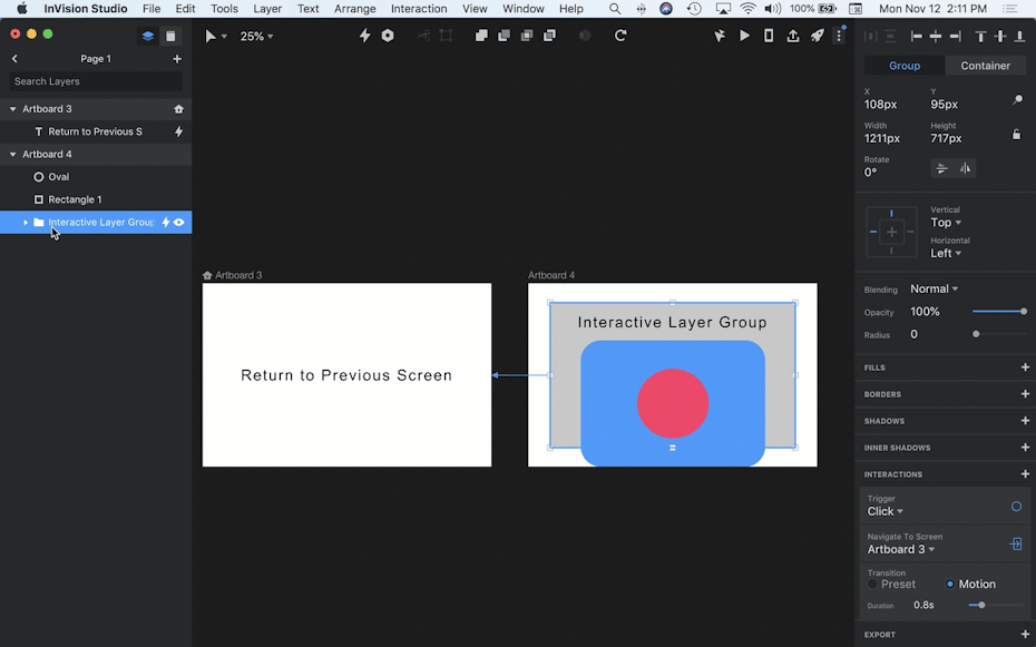 An animated gif showing how interaction can be built into Invision prototypes