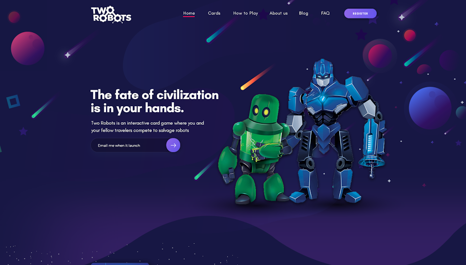 purple background page for a robot-themed card game