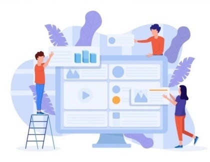 infographic design with illustration of people adding pieces to a screen
