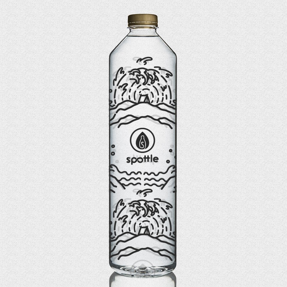 clear water bottle covered in all-over black geometric logos