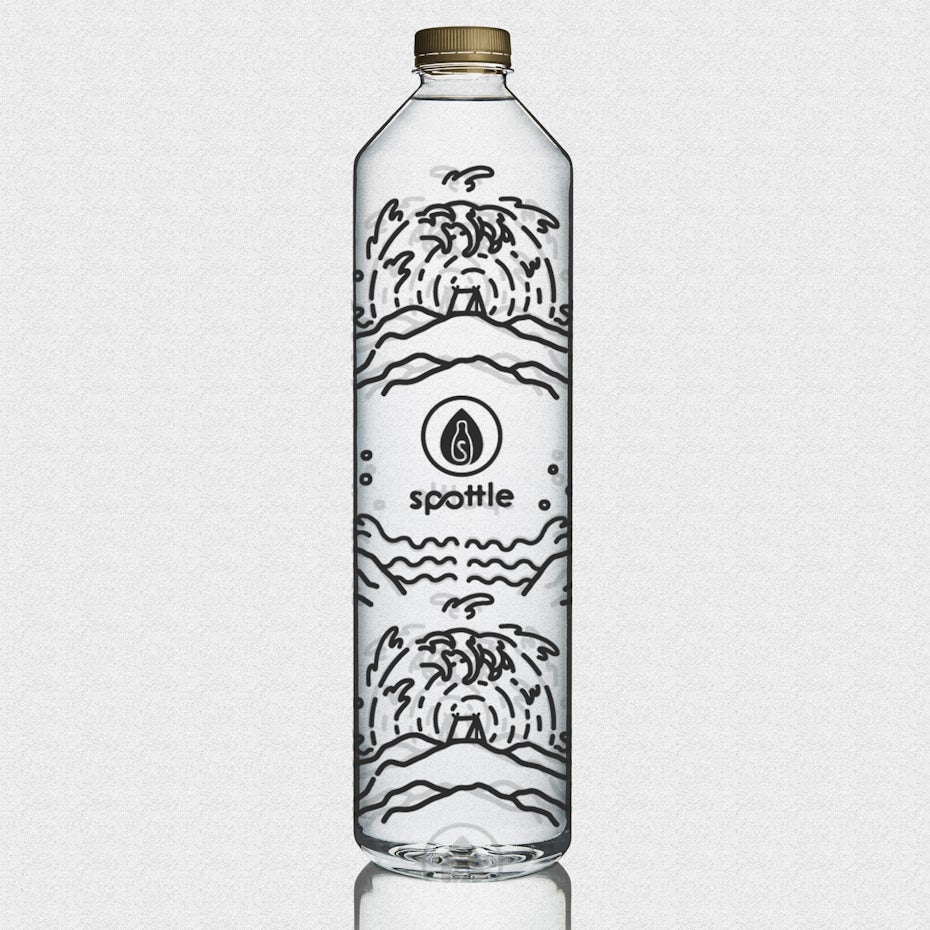 clear water bottle covered in all-over black geometric logos