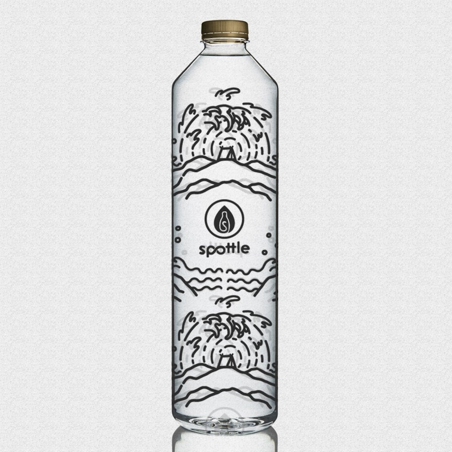 clear water bottle covered in all-over black geometric logos