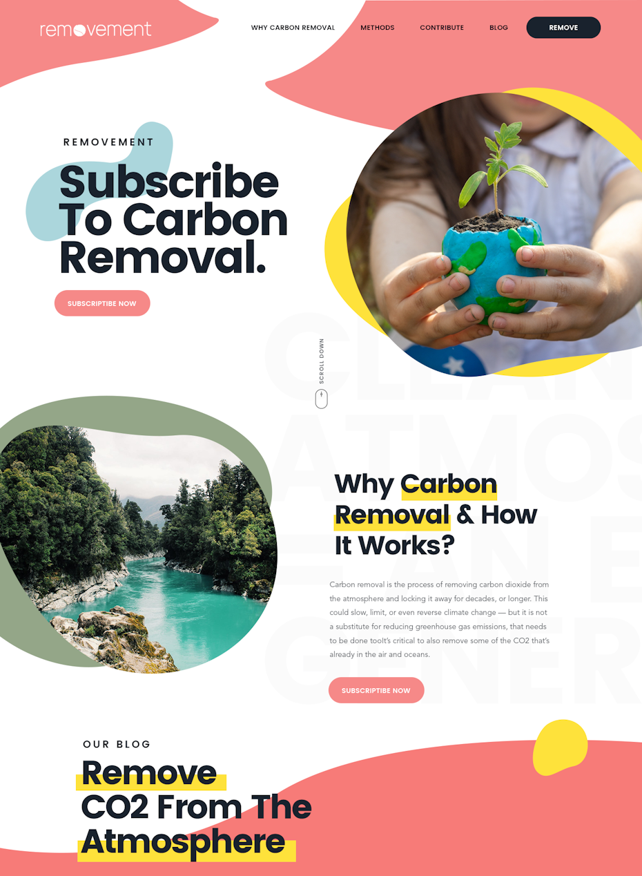 A colorful, photographic two column website layout design for an environmental brand