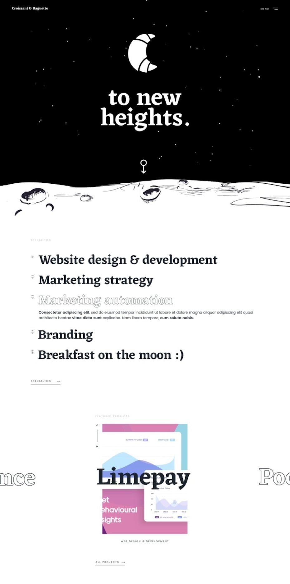 A black-and-white single column website layout for a digital marketing brand