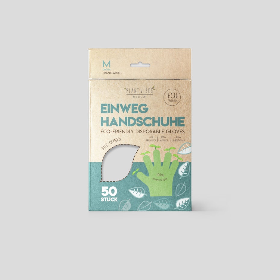cardboard box with a green design showing a glove