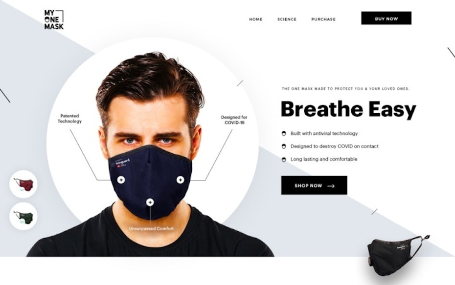 A black-and-white web design for a medical product