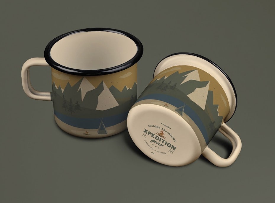 two mugs, side-by-side, both with a wilderness scene printed on them
