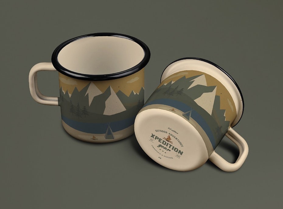 two mugs, side-by-side, both with a wilderness scene printed on them